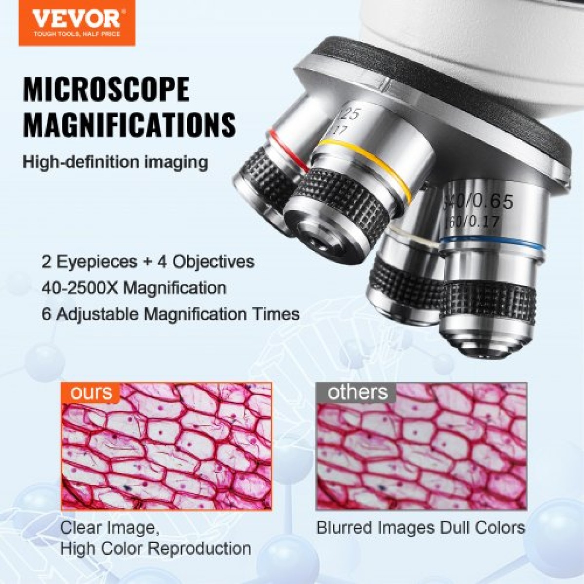 Σύνθετο μικροσκόπιο VEVOR Binocular, μεγέθυνση 40X-2500X, Binocular Compound Lab μικροσκόπιο με φωτισμό LED, μηχανικό στάδιο δύο επιπέδων, περιλαμβάνει θήκη τηλεφώνου & διαφάνειες μικροσκοπίου