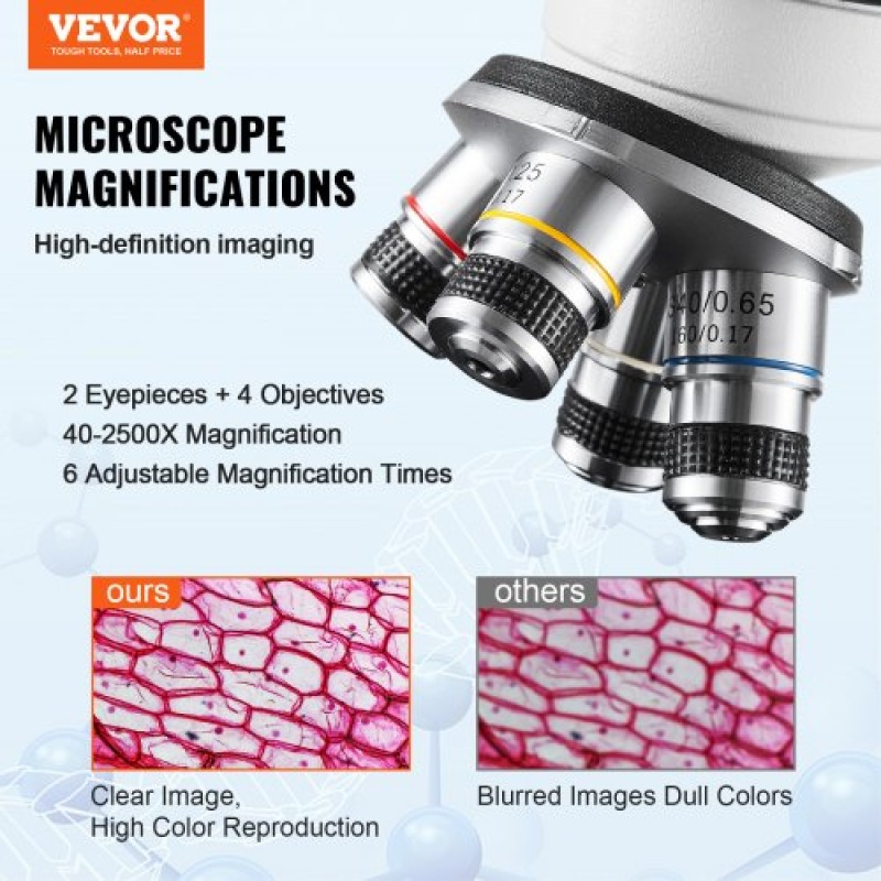 Σύνθετο μικροσκόπιο VEVOR Binocular, μεγέθυνση 40X-2500X, Binocular Compound Lab μικροσκόπιο με φωτισμό LED, μηχανικό στάδιο δύο επιπέδων, περιλαμβάνει θήκη τηλεφώνου & διαφάνειες μικροσκοπίου