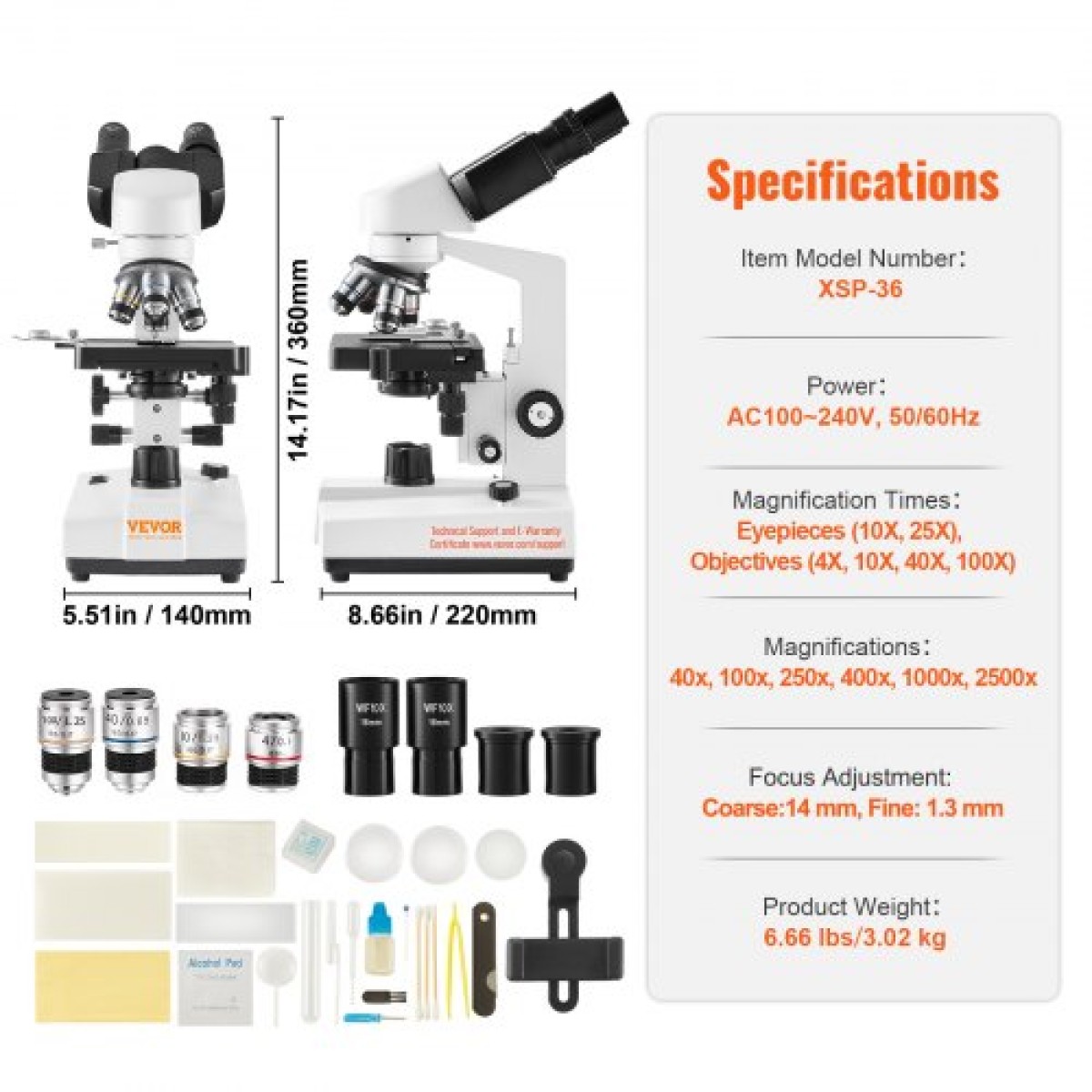 Σύνθετο μικροσκόπιο VEVOR Binocular, μεγέθυνση 40X-2500X, Binocular Compound Lab μικροσκόπιο με φωτισμό LED, μηχανικό στάδιο δύο επιπέδων, περιλαμβάνει θήκη τηλεφώνου & διαφάνειες μικροσκοπίου