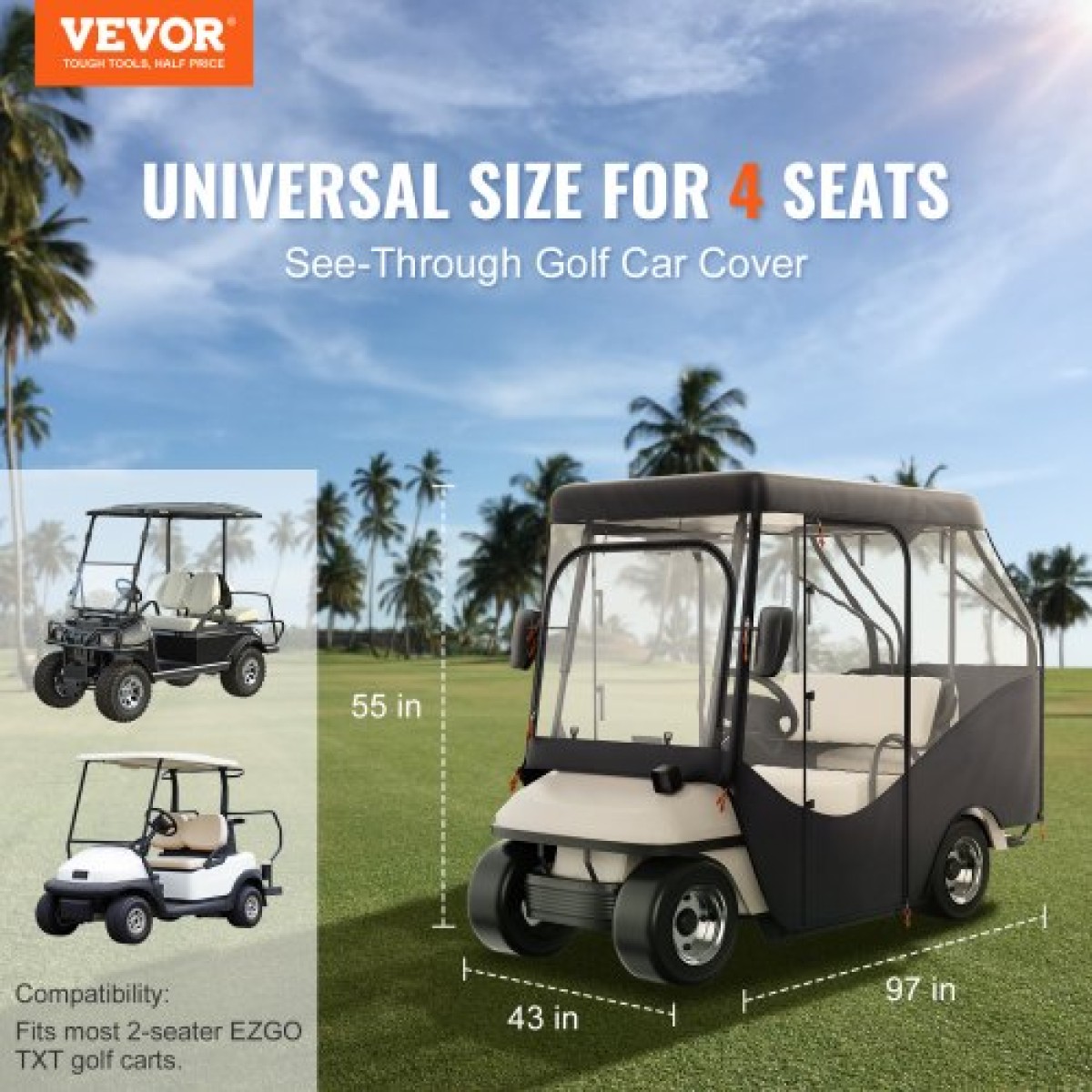 Περίβλημα VEVOR Golf Cart, 420D Polyester Driving Consure με διαφανή παράθυρα 4 όψεων, 4 καλύμματα Passenger Club Car Cars για 2+2 Passenger Cart Golf, Αντιηλιακό και ανθεκτικό στη σκόνη κάλυμμα εξωτερικού καροτσιού