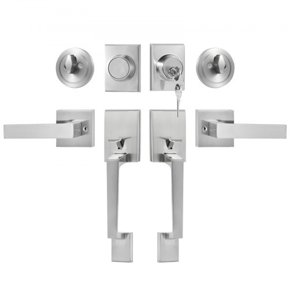 VEVOR Double Door Handle Set, Double Door Lock Set with Reversible Handle Lever, Satin Nickel Square Door Lever, Heavy Duty Double Front Door Handle Set with Dummy, for Front Door or Office Door