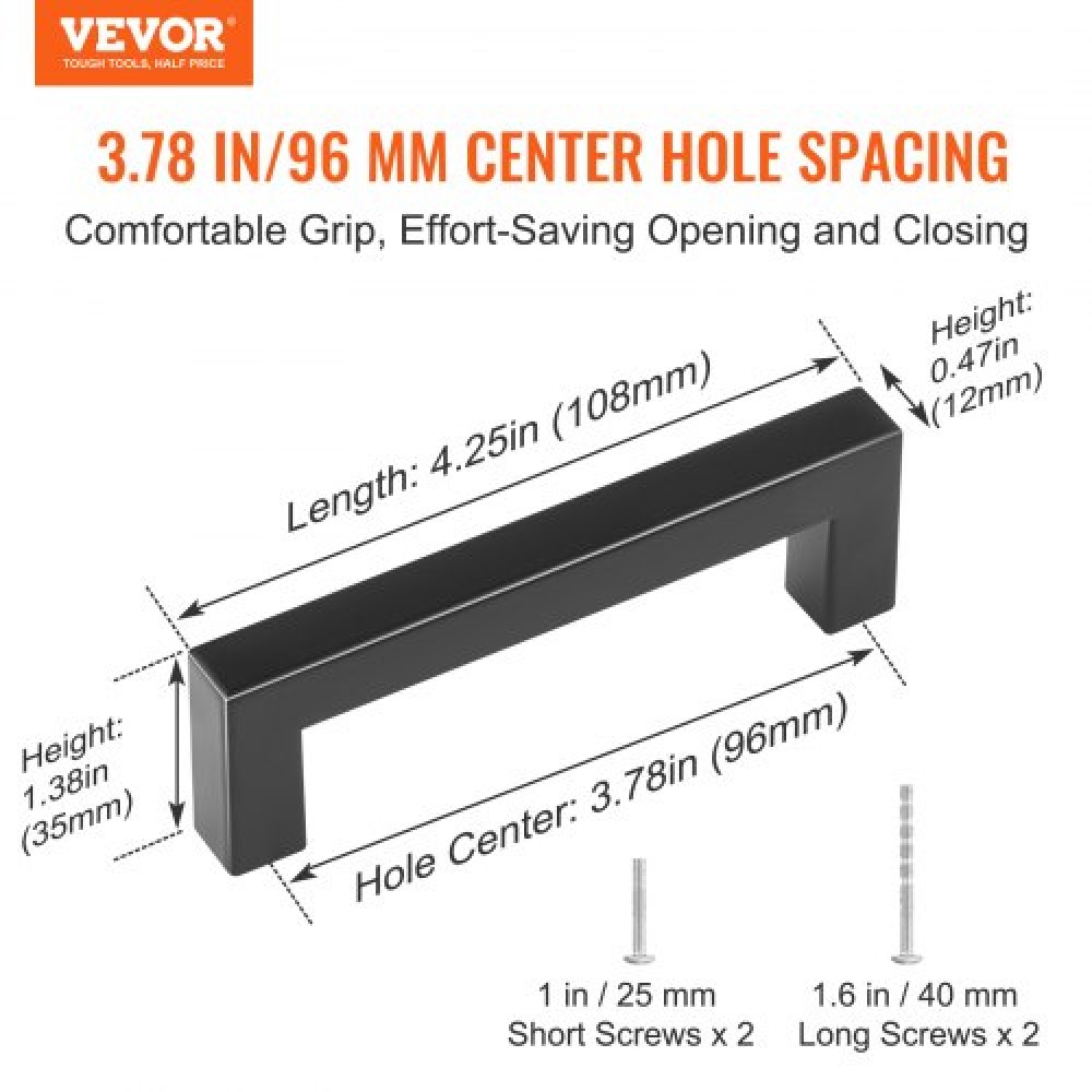 VEVOR 30 Pack Ντουλάπι Ντουλάπα, 3,86 ίντσες / 96 χιλιοστά Centre to Center Λεπτό τετράγωνο συρτάρι ντουλαπιών κουζίνας, ανοξείδωτες μοντέρνες λαβές πόρτας ντουλαπιών κουζίνας για μπάρα μπάνιου κουζίνας Εξοπλισμός Μαύρο ματ