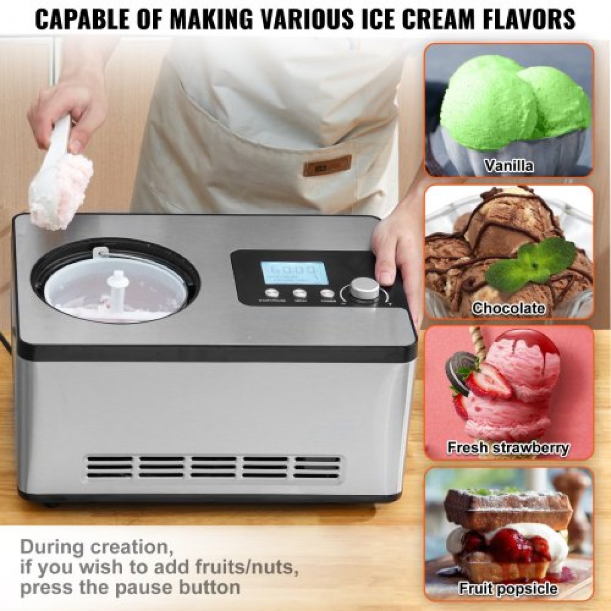 VEVOR 1.9 L Automatic Ice Cream Machine Electric Yogurt Gelato Make Silver