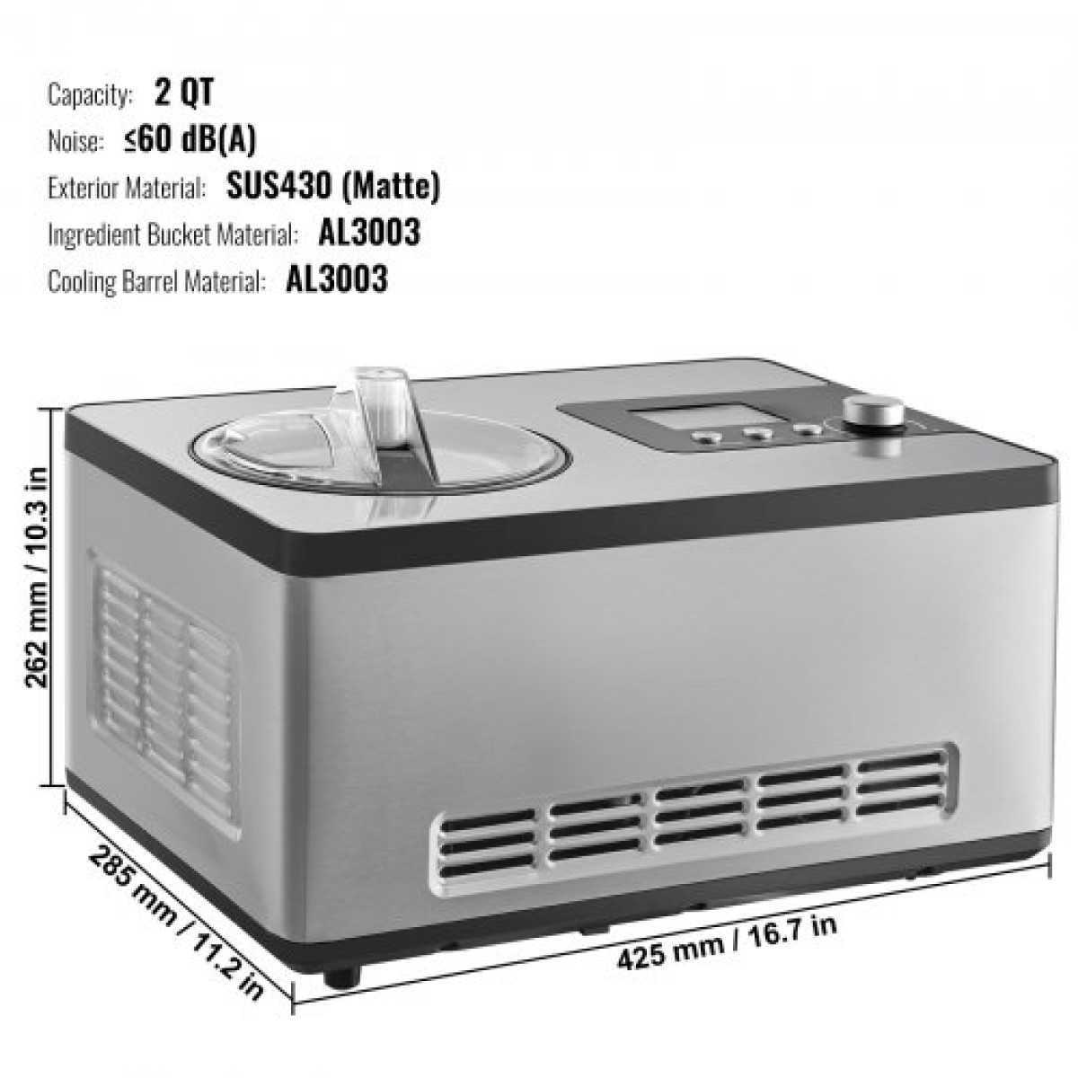 VEVOR 1.9 L Automatic Ice Cream Machine Electric Yogurt Gelato Make Silver
