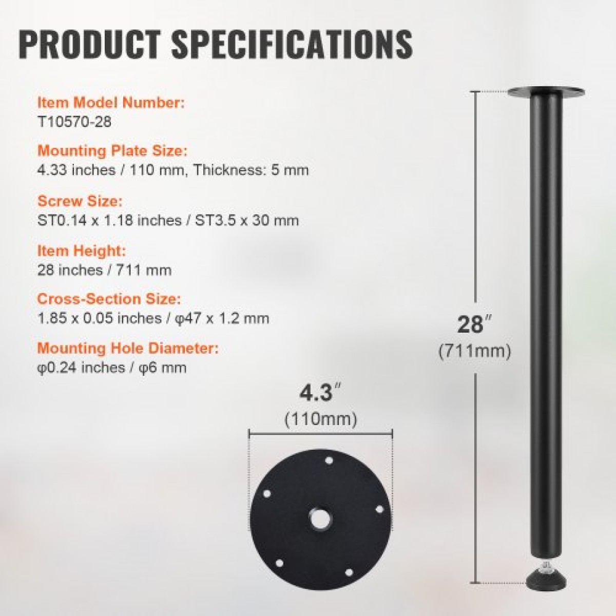 VEVOR 711.2MM Ρυθμιζόμενα πόδια γραφείου, Πόδια επίπλων τραπεζιού γραφείου από ενισχυμένο ατσάλι Σετ 4 τεμαχίων για DIY, 544,3 KG Επιτραπέζια πόδια βαρέως τύπου χωρητικότητας 544,3 KG, Πόδια γρήγορης εγκατάστασης με ρυθμιζόμενο κύπελλο ποδιών μαύρο