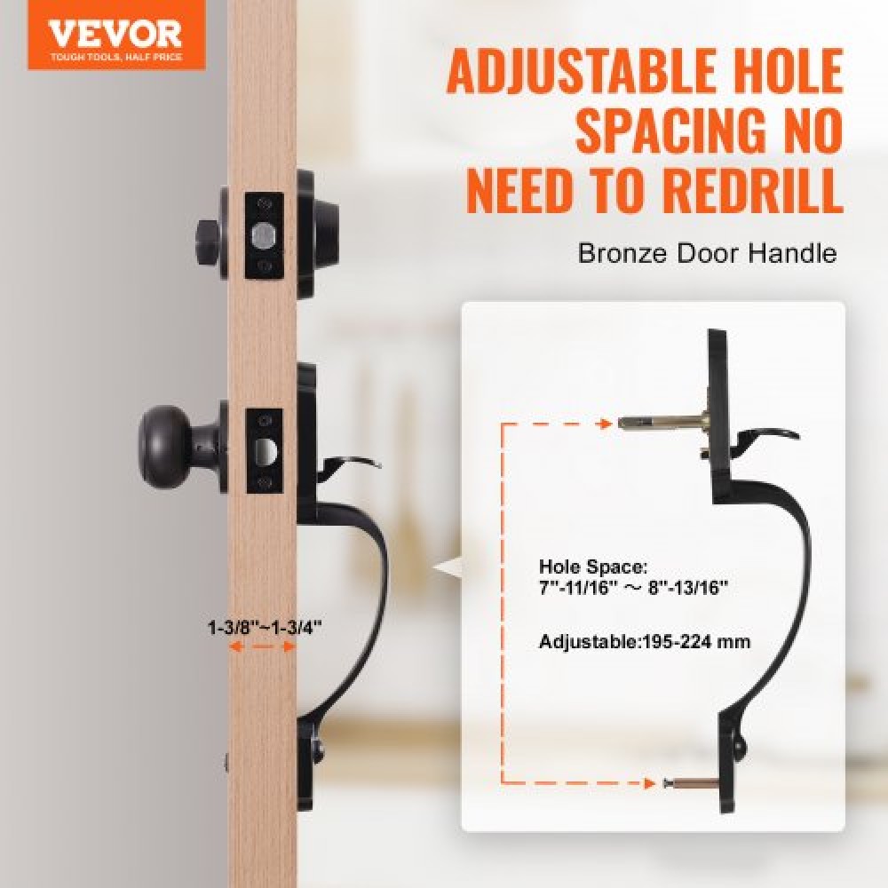 VEVOR Front Door Handle and Deadbolt Set, Antique Copper Front Door Lock Set with Interior Knob, Adjustable Hole Spacing Single Cylinder Handleset, for Right and Left Handed Entrance and Front Door