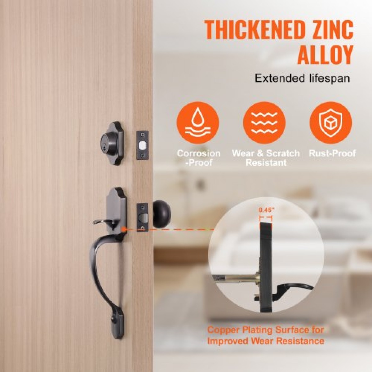 Σετ χειρολαβής μπροστινής πόρτας και Deadbolt VEVOR, Σετ κλειδαριάς μπροστινής πόρτας με εσωτερικό πόμολο, ρυθμιζόμενη απόσταση οπών μονοκύλινδρο, για δεξιά και αριστερόχειρη είσοδο, βουρτσισμένο λάδι τριμμένο μπρούτζο
