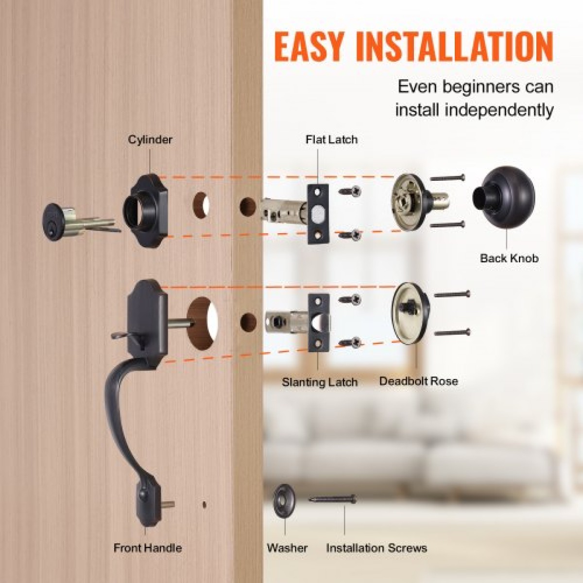 Σετ χειρολαβής μπροστινής πόρτας και Deadbolt VEVOR, Σετ κλειδαριάς μπροστινής πόρτας με εσωτερικό πόμολο, ρυθμιζόμενη απόσταση οπών μονοκύλινδρο, για δεξιά και αριστερόχειρη είσοδο, βουρτσισμένο λάδι τριμμένο μπρούτζο