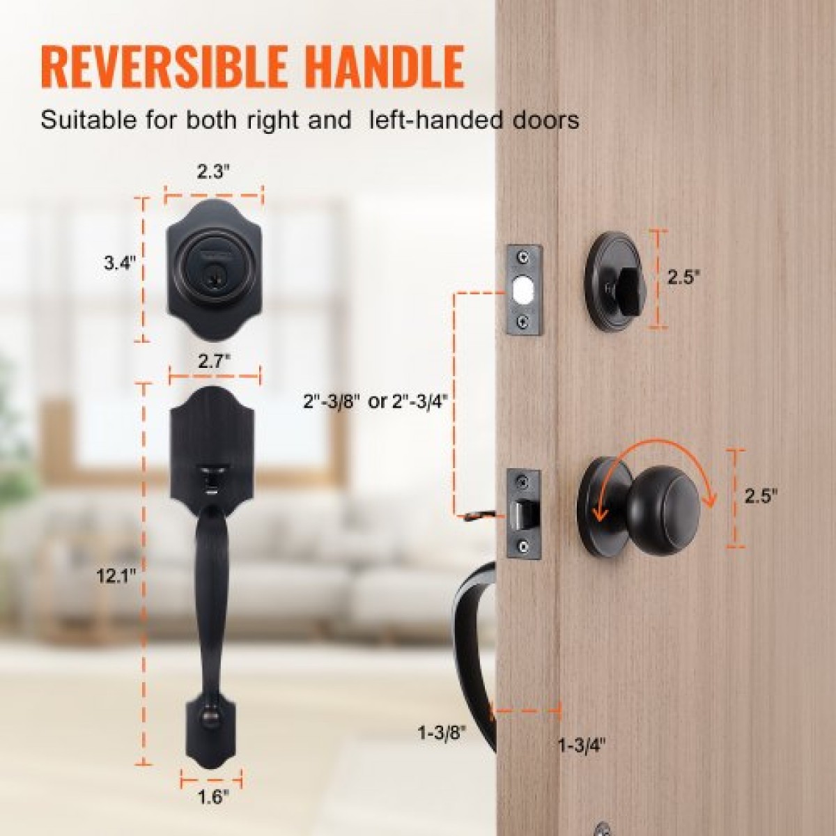 Σετ χειρολαβής μπροστινής πόρτας και Deadbolt VEVOR, Σετ κλειδαριάς μπροστινής πόρτας με εσωτερικό πόμολο, ρυθμιζόμενη απόσταση οπών μονοκύλινδρο, για δεξιά και αριστερόχειρη είσοδο, βουρτσισμένο λάδι τριμμένο μπρούτζο