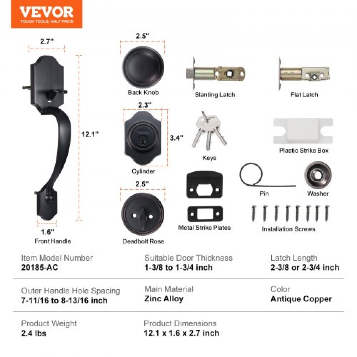 Σετ χειρολαβής μπροστινής πόρτας και Deadbolt VEVOR, Σετ κλειδαριάς μπροστινής πόρτας με εσωτερικό πόμολο, ρυθμιζόμενη απόσταση οπών μονοκύλινδρο, για δεξιά και αριστερόχειρη είσοδο, βουρτσισμένο λάδι τριμμένο μπρούτζο