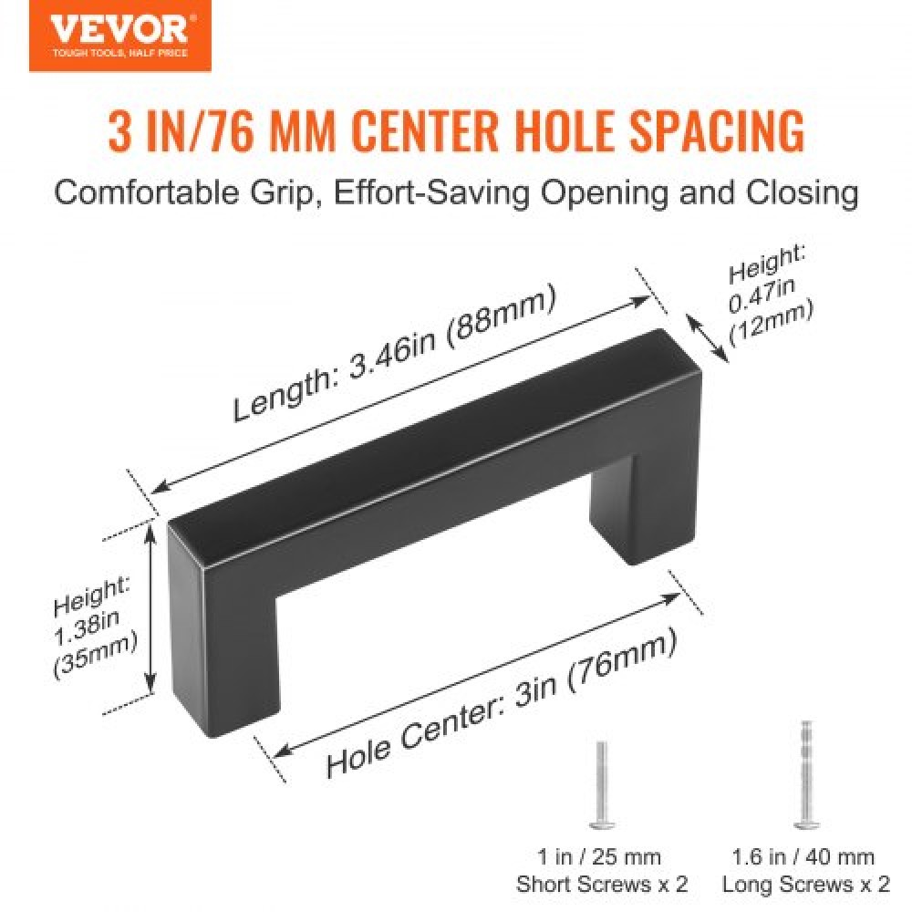 VEVOR 10 Pack Ντουλάπι έλξης, 3 ιντσών / 76 χιλιοστά Κέντρο στο κέντρο Λεπτό τετράγωνο συρτάρι ντουλαπιών κουζίνας, ανοξείδωτα μοντέρνα χερούλια πόρτας ντουλαπιών κουζίνας για μπάρα μπάνιου κουζίνας Υλικό Μαύρο ματ