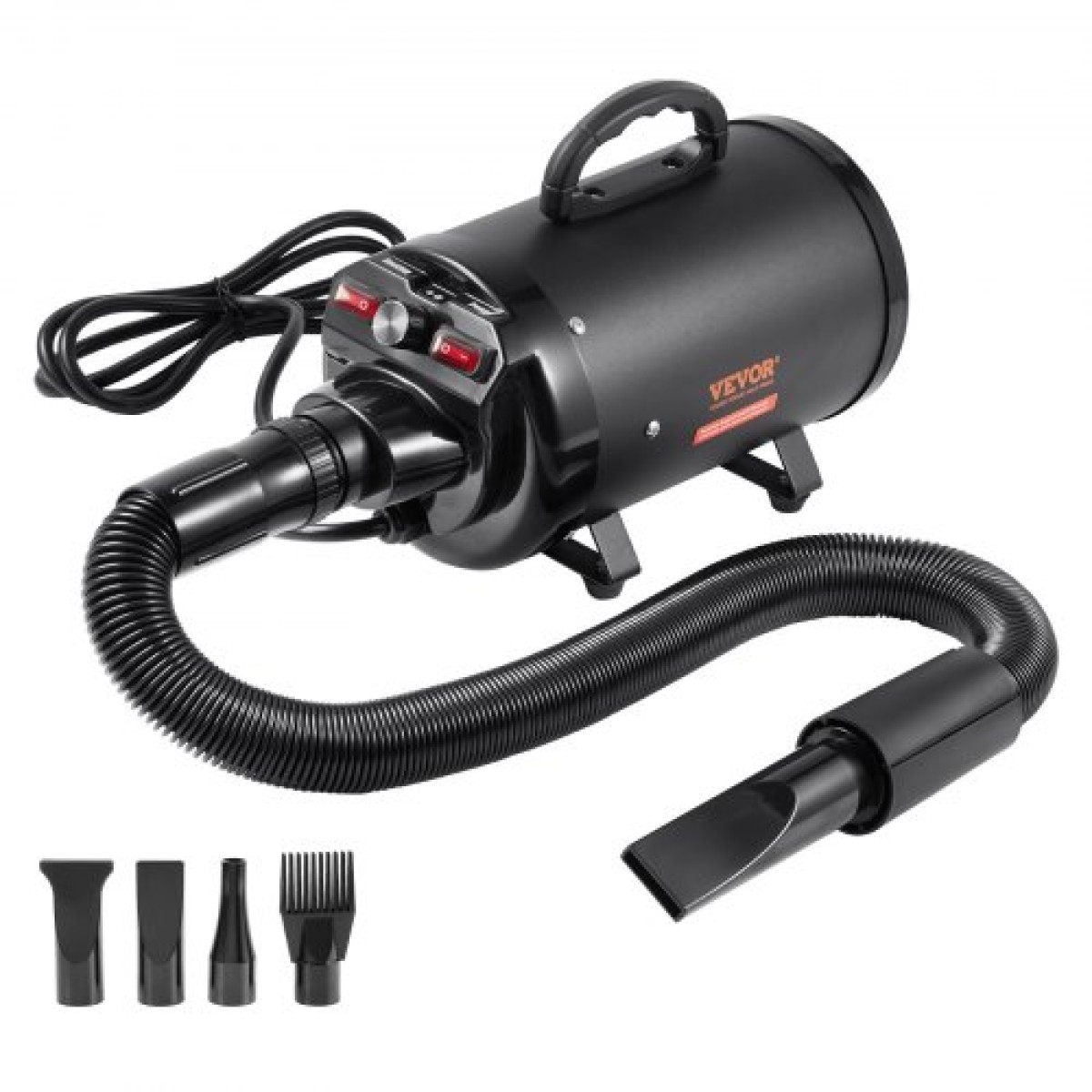Στεγνωτήρας σκυλιών VEVOR, 2000W/2,7HP Στεγνωτήρας για σκύλους, Στεγνωτήρας περιποίησης κατοικίδιων με ρυθμιζόμενο έλεγχο ταχύτητας και θερμοκρασίας, πιστολάκι για κατοικίδια με 4 ακροφύσια και επεκτάσιμο σωλήνα, μαύρο