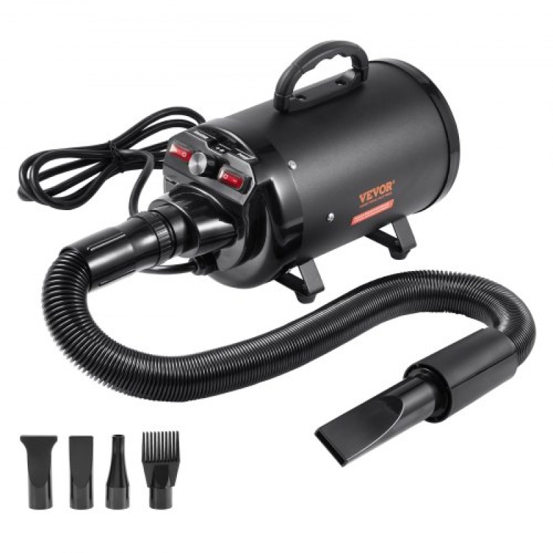 Στεγνωτήρας σκυλιών VEVOR, 2000W/2,7HP Στεγνωτήρας για σκύλους, Στεγνωτήρας περιποίησης κατοικίδιων με ρυθμιζόμενο έλεγχο ταχύτητας και θερμοκρασίας, πιστολάκι για κατοικίδια με 4 ακροφύσια και επεκτάσιμο σωλήνα, μαύρο