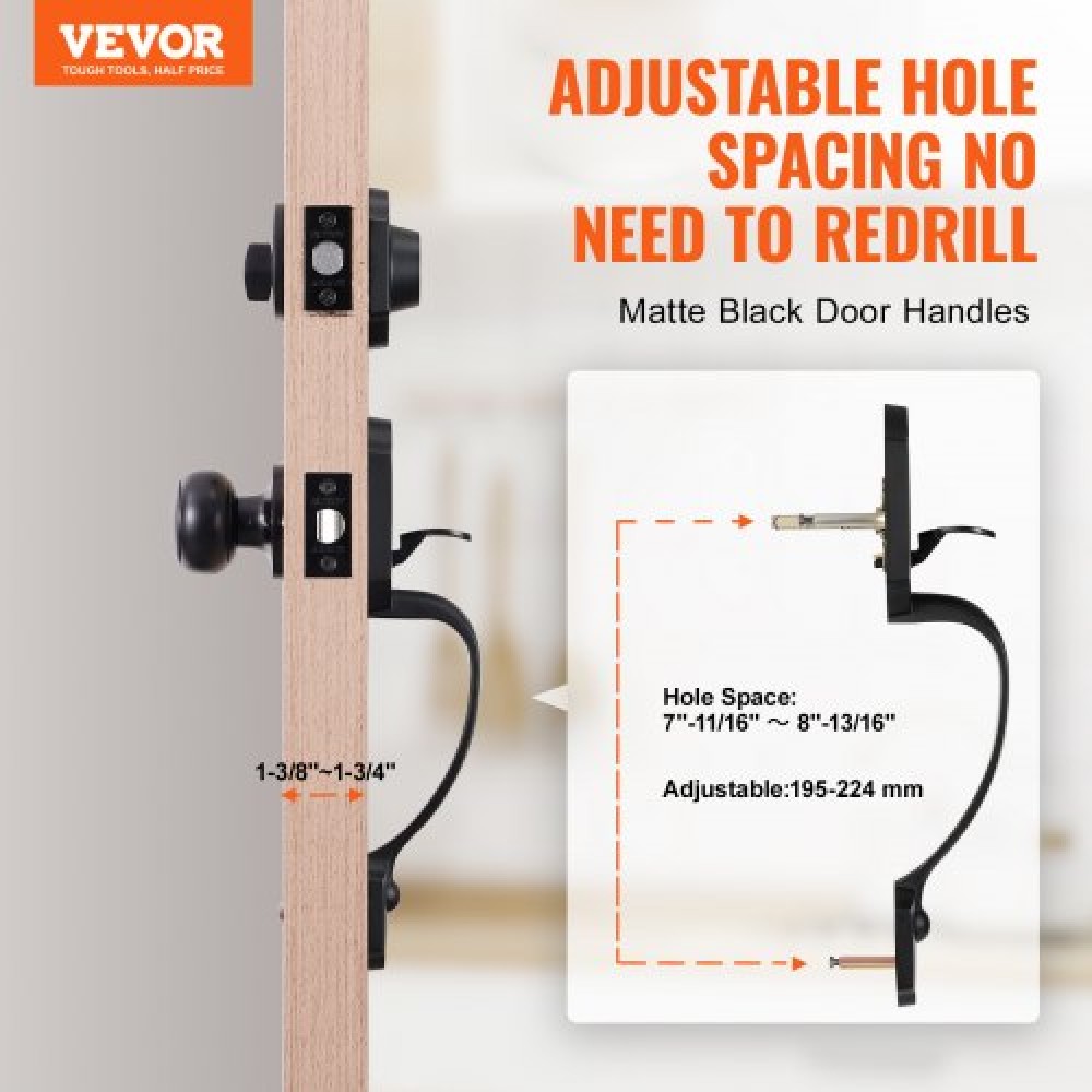 VEVOR Front Door Handle and Deadbolt Set, Matte Black Front Door Lock Set with Interior Knob,  Adjustable Hole Spacing Single Cylinder Handleset, for Right and Left Handed Entrance and Front Door