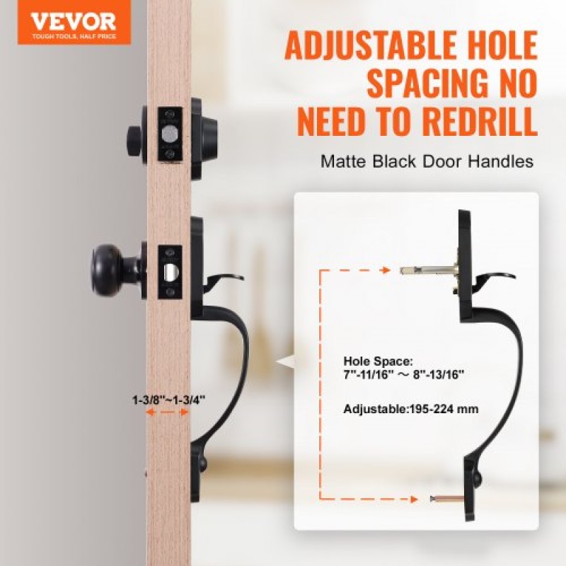 Σετ χειρολαβής μπροστινής πόρτας και Deadbolt VEVOR, Σετ κλειδαριάς μπροστινής πόρτας ματ μαύρο με εσωτερικό πόμολο, ρυθμιζόμενη απόσταση οπών μονοκύλινδρο χειρολαβή, για δεξιά και αριστερά είσοδο και μπροστινή πόρτα