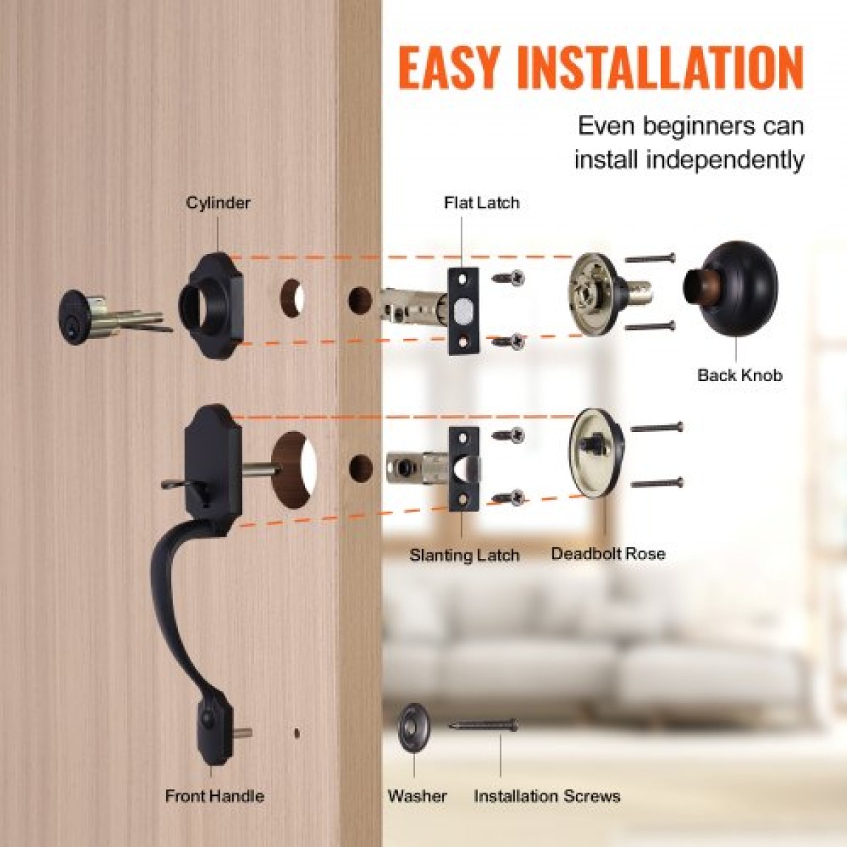 Σετ χειρολαβής μπροστινής πόρτας και Deadbolt VEVOR, Σετ κλειδαριάς μπροστινής πόρτας ματ μαύρο με εσωτερικό πόμολο, ρυθμιζόμενη απόσταση οπών μονοκύλινδρο χειρολαβή, για δεξιά και αριστερά είσοδο και μπροστινή πόρτα