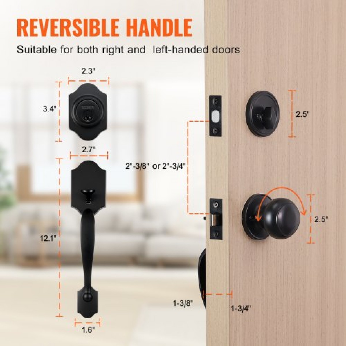 Σετ χειρολαβής μπροστινής πόρτας και Deadbolt VEVOR, Σετ κλειδαριάς μπροστινής πόρτας ματ μαύρο με εσωτερικό πόμολο, ρυθμιζόμενη απόσταση οπών μονοκύλινδρο χειρολαβή, για δεξιά και αριστερά είσοδο και μπροστινή πόρτα