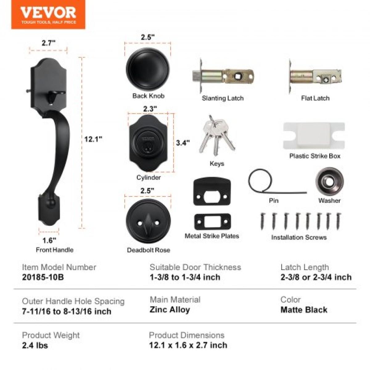 Σετ χειρολαβής μπροστινής πόρτας και Deadbolt VEVOR, Σετ κλειδαριάς μπροστινής πόρτας ματ μαύρο με εσωτερικό πόμολο, ρυθμιζόμενη απόσταση οπών μονοκύλινδρο χειρολαβή, για δεξιά και αριστερά είσοδο και μπροστινή πόρτα