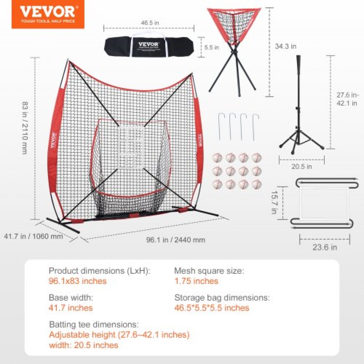 VEVOR 7x7 ft δίχτυ προπόνησης μπέιζμπολ σόφτμπολ, φορητό δίχτυ προπόνησης μπέιζμπολ για χτυπήματα, εξοπλισμός οπίσθιας πλάκας με πλαίσιο τόξου, τσάντα μεταφοράς, ζώνη κρούσης, 12 μπάλες, μπλουζάκι και συλλέκτης μπάλας