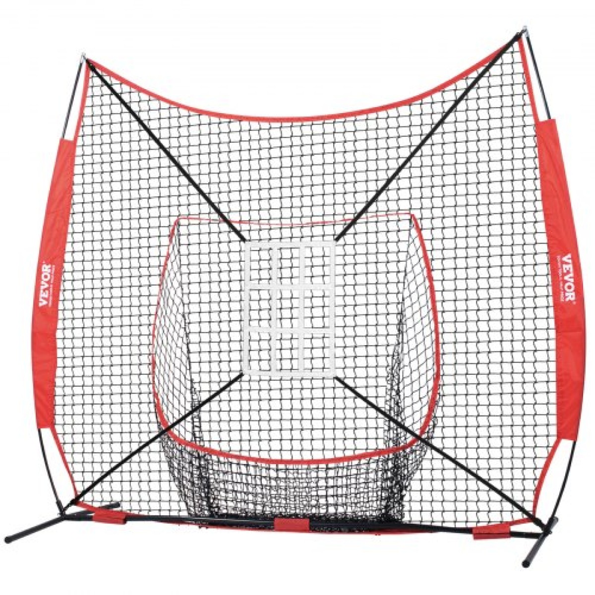 VEVOR 7x7 ft δίχτυ προπόνησης μπέιζμπολ σόφτμπολ, φορητό δίχτυ προπόνησης μπέιζμπολ για χτυπήματα, εξοπλισμός οπίσθιας πλάκας με πλαίσιο τόξου, τσάντα μεταφοράς, ζώνη κρούσης, 12 μπάλες, μπλουζάκι και συλλέκτης μπάλας