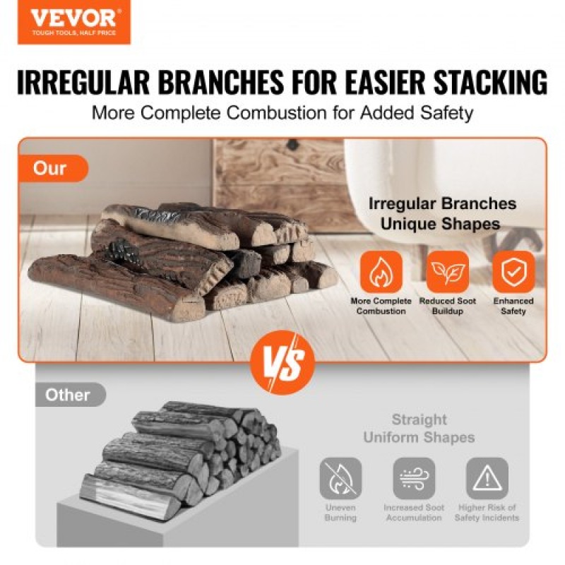 VEVOR 10 Pcs Gas Fireplace Logs, Large Ceramic Logs for Fireplace Decorative, Heat-Resistant Wood Log Gas Realistic Logs, Stackable Wood Branches for Gas Fireplace, Firebowl Indoor or Outdoor