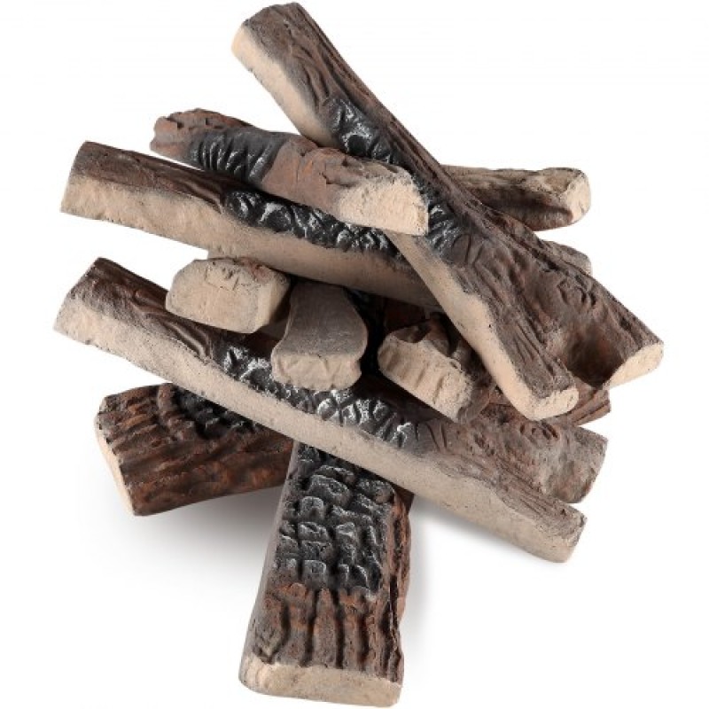 VEVOR 10 Pcs Gas Fireplace Logs, Large Ceramic Logs for Fireplace Decorative, Heat-Resistant Wood Log Gas Realistic Logs, Stackable Wood Branches for Gas Fireplace, Firebowl Indoor or Outdoor