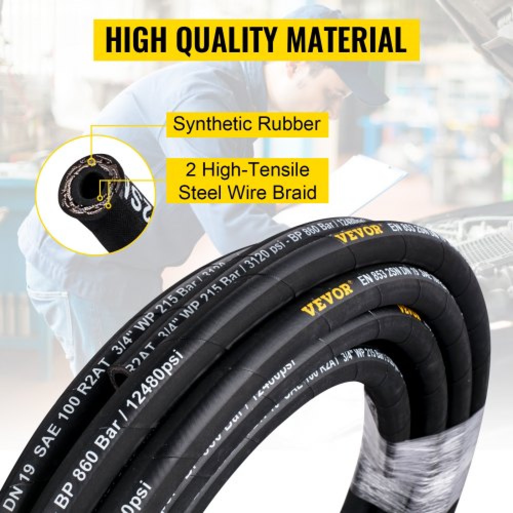 VEVOR Hydraulic Hose 1/4 inch x 328 ft, Coiled Hydraulic Hose 5800 PSI, Rubber Hydraulic Hose with 2 High-Tensile Steel Wire Braid, Bulk Hydraulic Hose -20℃ to 140℃, Hydraulic Oil Flexible Hose