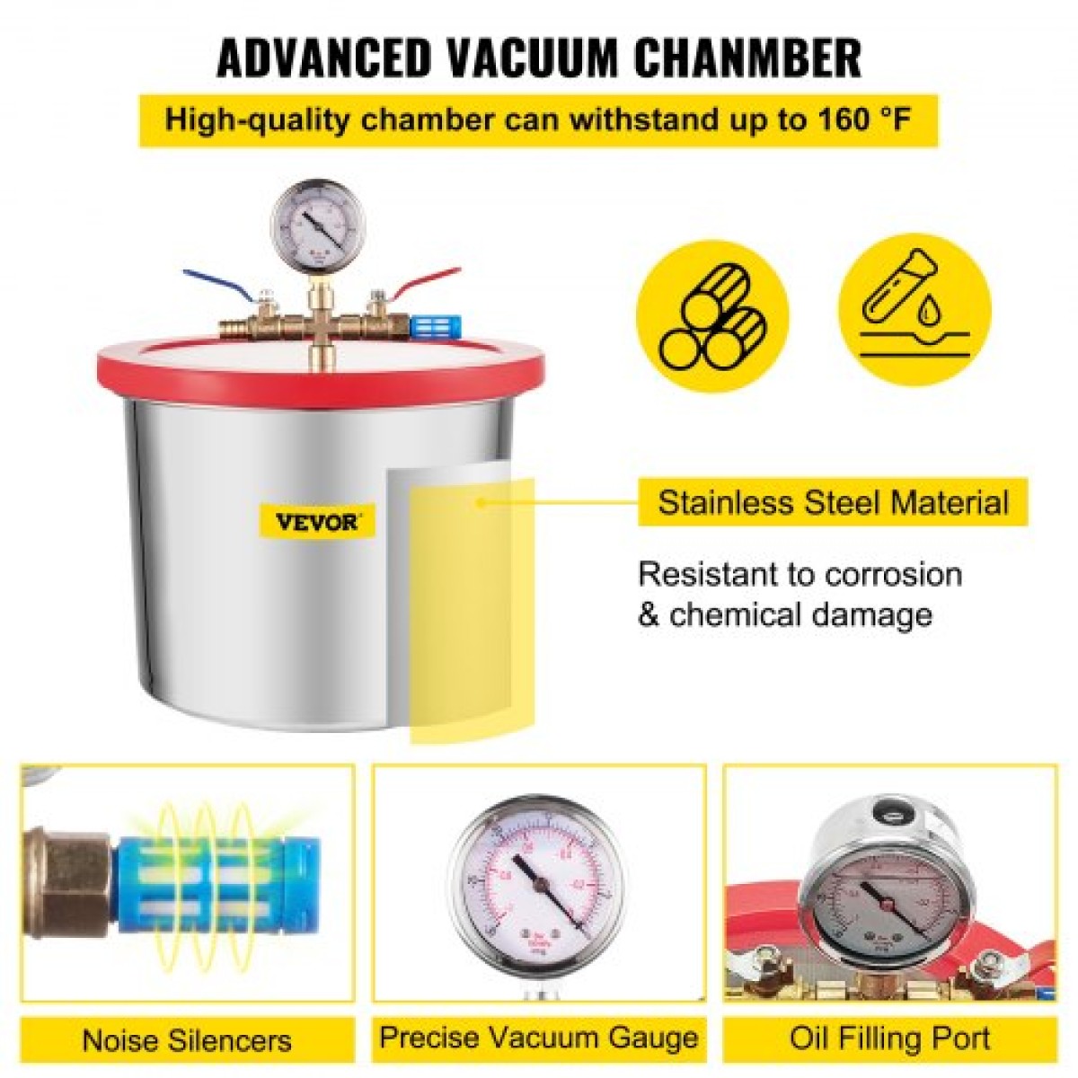 VEVOR 2 Gallon/7,6 L Vacuum Chamber Silicone Epoxy Dessing 4CFM 113L/min 1/3HP Pumpa vacuum