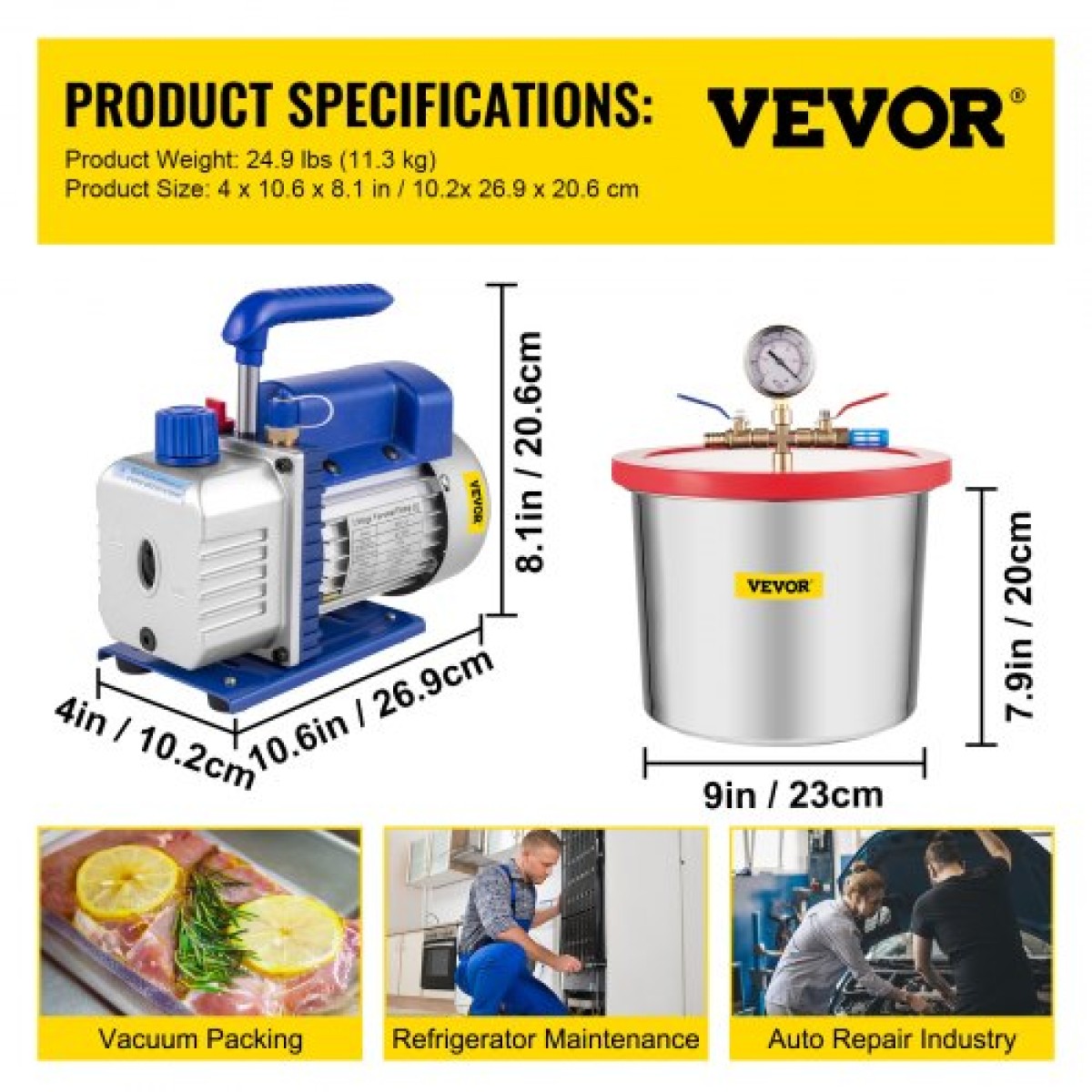 VEVOR 2 Gallon/7,6 L Vacuum Chamber Silicone Epoxy Dessing 4CFM 113L/min 1/3HP Pumpa vacuum