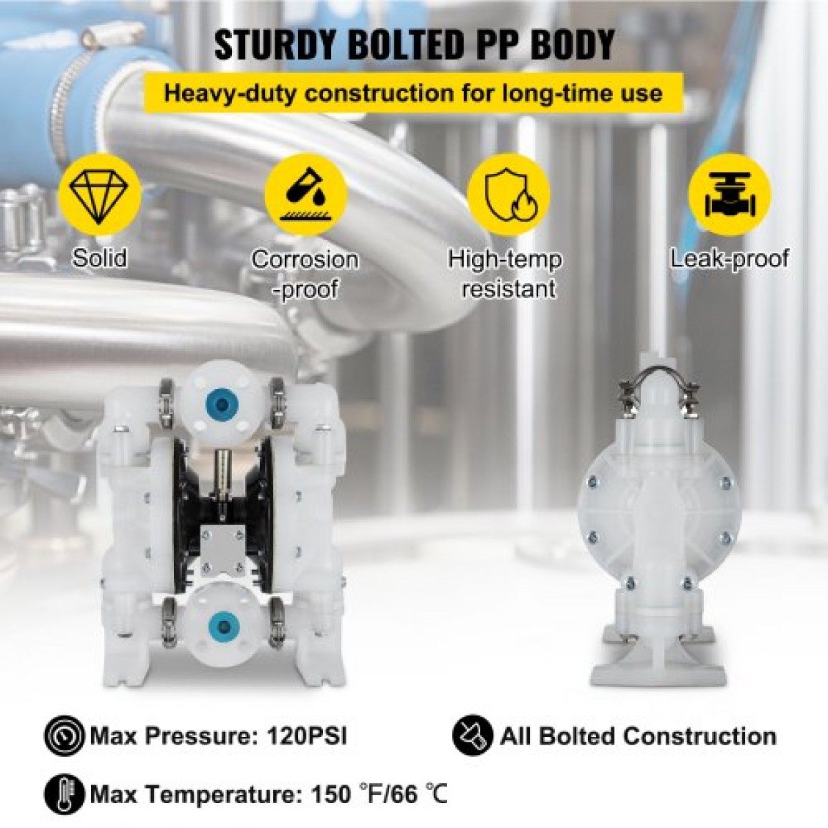 VEVOR Air-Operated Double Diaphragm Pump 25,4mm(1 inch) Init/Outit 113 L/min(30GPM) Πολυπροπυλένιο Max 7 bar (100PSI) για χημική και βιομηχανική χρήση