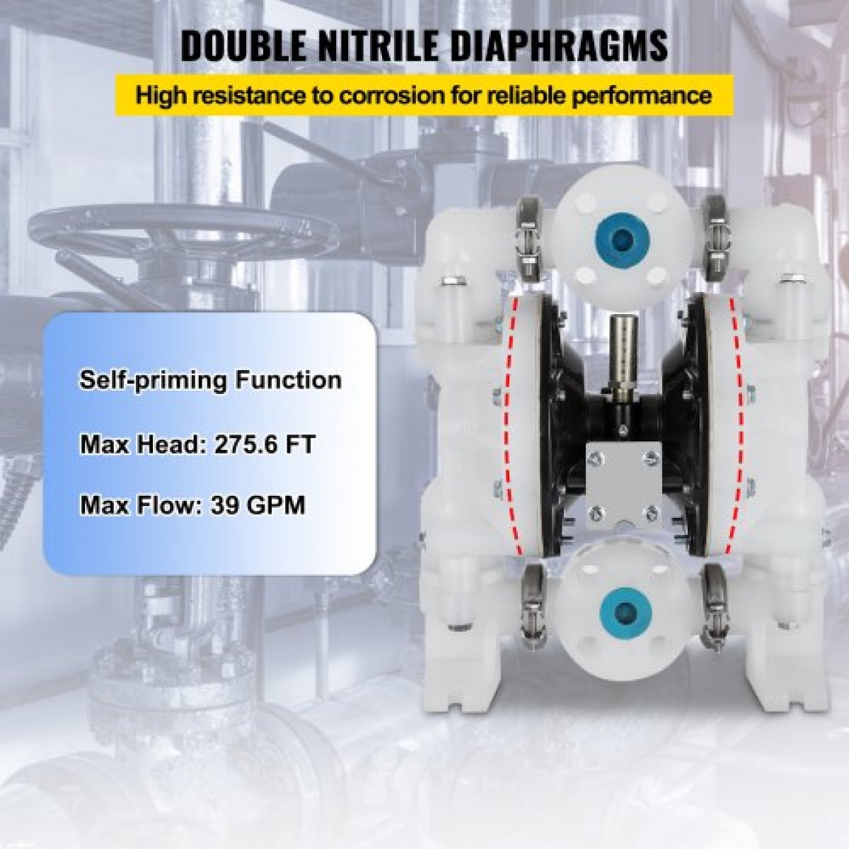 VEVOR Air-Operated Double Diaphragm Pump 25,4mm(1 inch) Init/Outit 113 L/min(30GPM) Πολυπροπυλένιο Max 7 bar (100PSI) για χημική και βιομηχανική χρήση