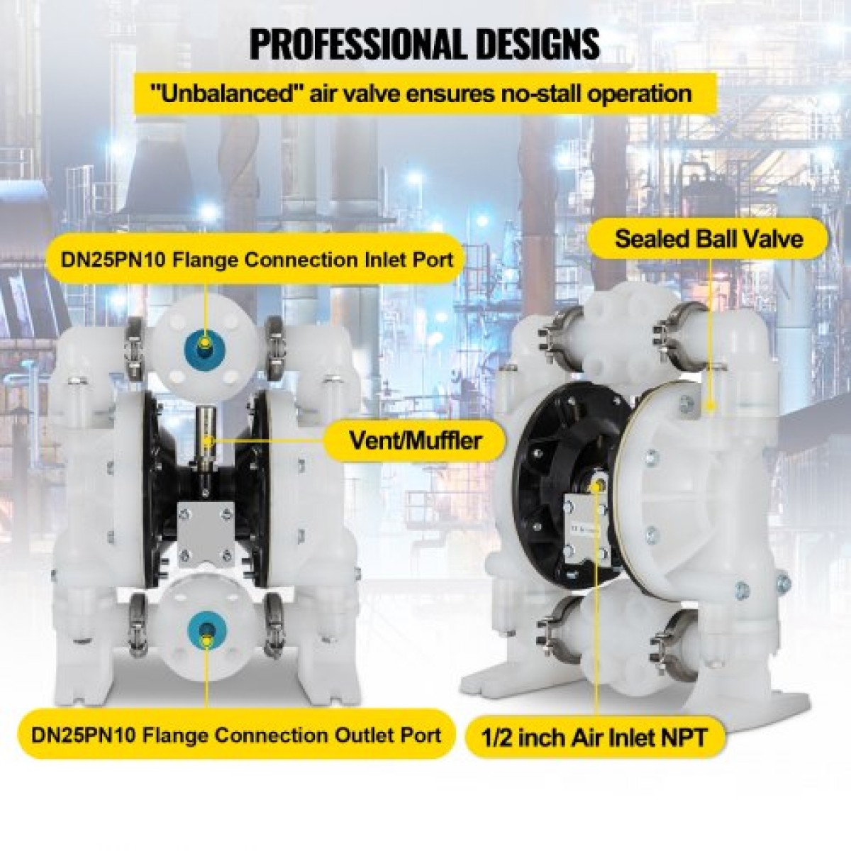 VEVOR Air-Operated Double Diaphragm Pump 25,4mm(1 inch) Init/Outit 113 L/min(30GPM) Πολυπροπυλένιο Max 7 bar (100PSI) για χημική και βιομηχανική χρήση