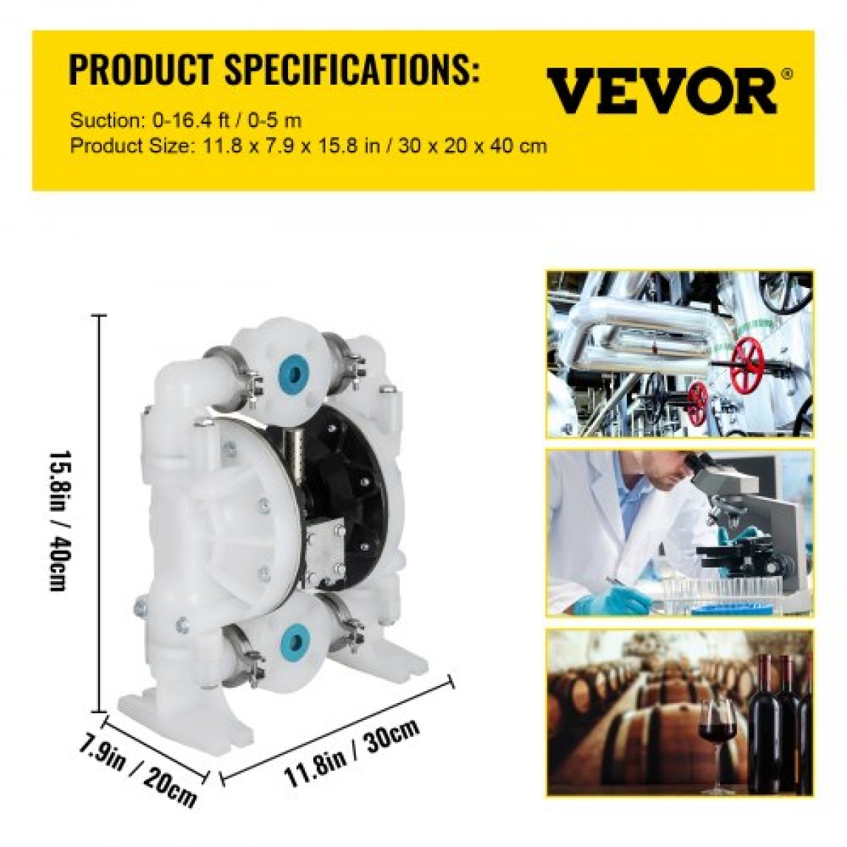 VEVOR Air-Operated Double Diaphragm Pump 25,4mm(1 inch) Init/Outit 113 L/min(30GPM) Πολυπροπυλένιο Max 7 bar (100PSI) για χημική και βιομηχανική χρήση
