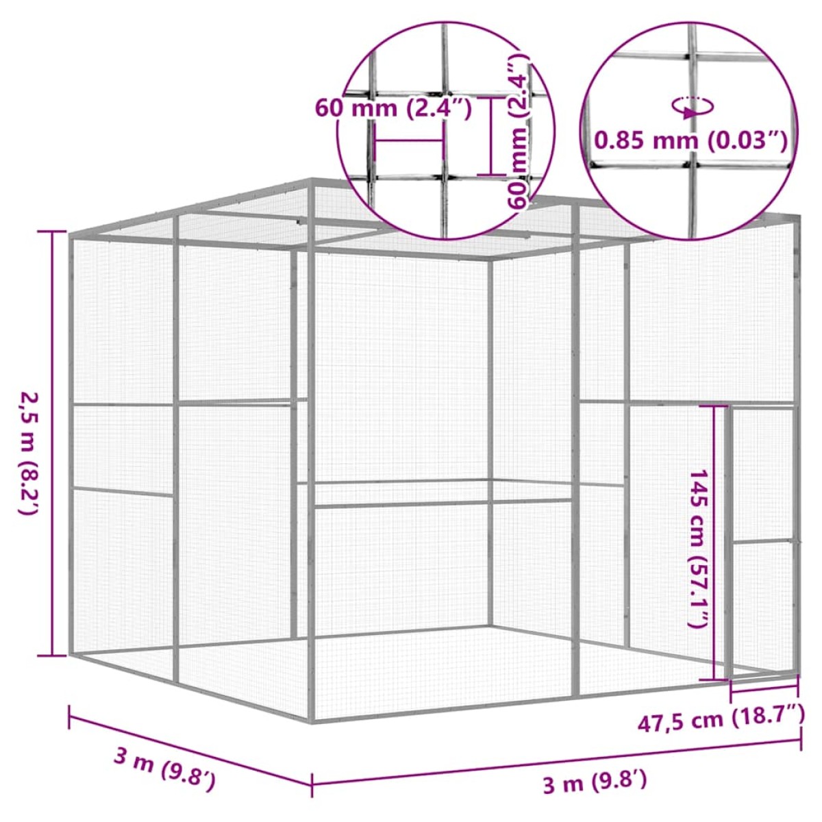 vidaXL Κλουβί Γάτας 3 x 3 x 2,5 μ. από Γαλβανισμένο Χάλυβα