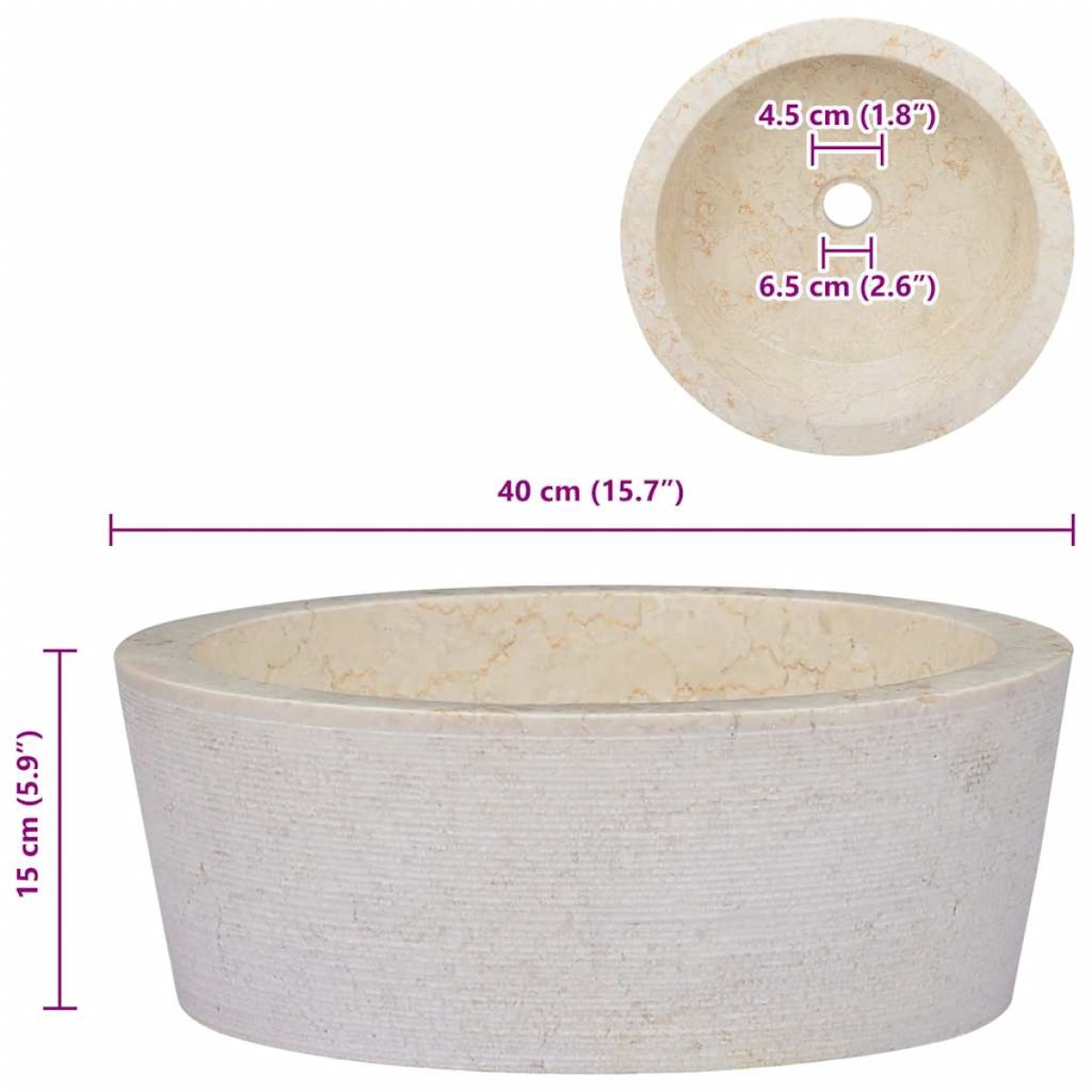 vidaXL Νιπτήρας Κρεμ Ø40 x 15 εκ. Μαρμάρινος