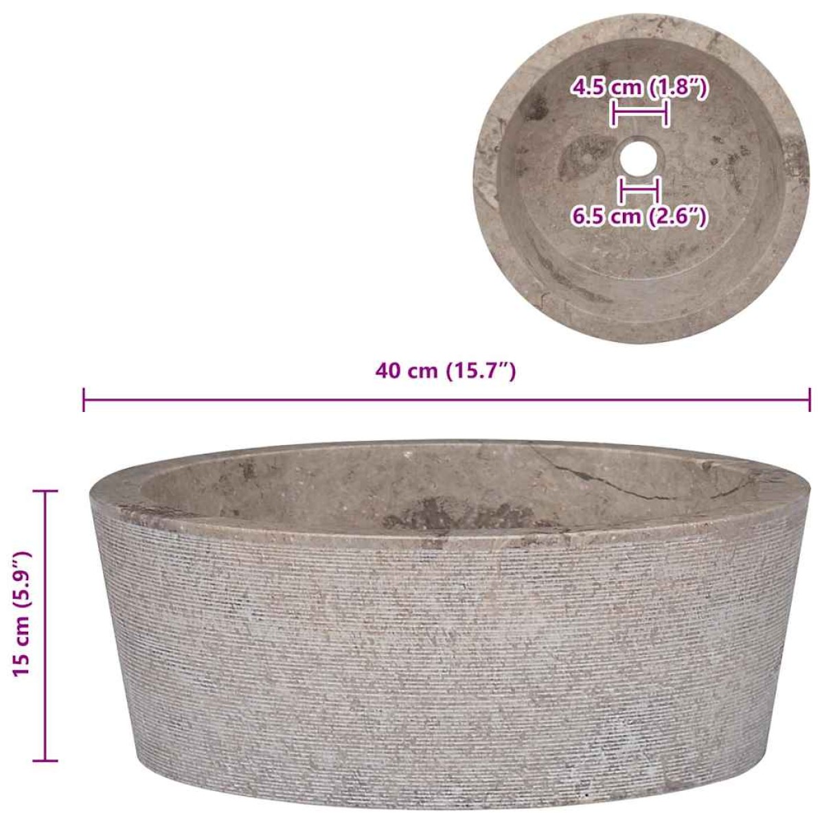 vidaXL Νιπτήρας Γκρι Ø40 x 15 εκ. Μαρμάρινος