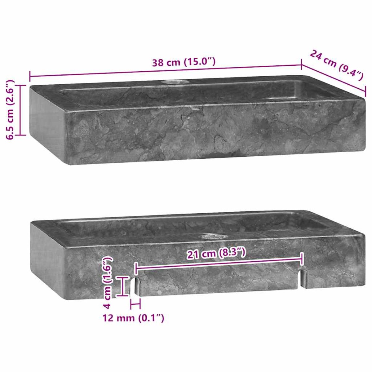 vidaXL Νιπτήρας Επιτοίχιος Γκρι 38 x 24 x 6,5 εκ. Μαρμάρινος