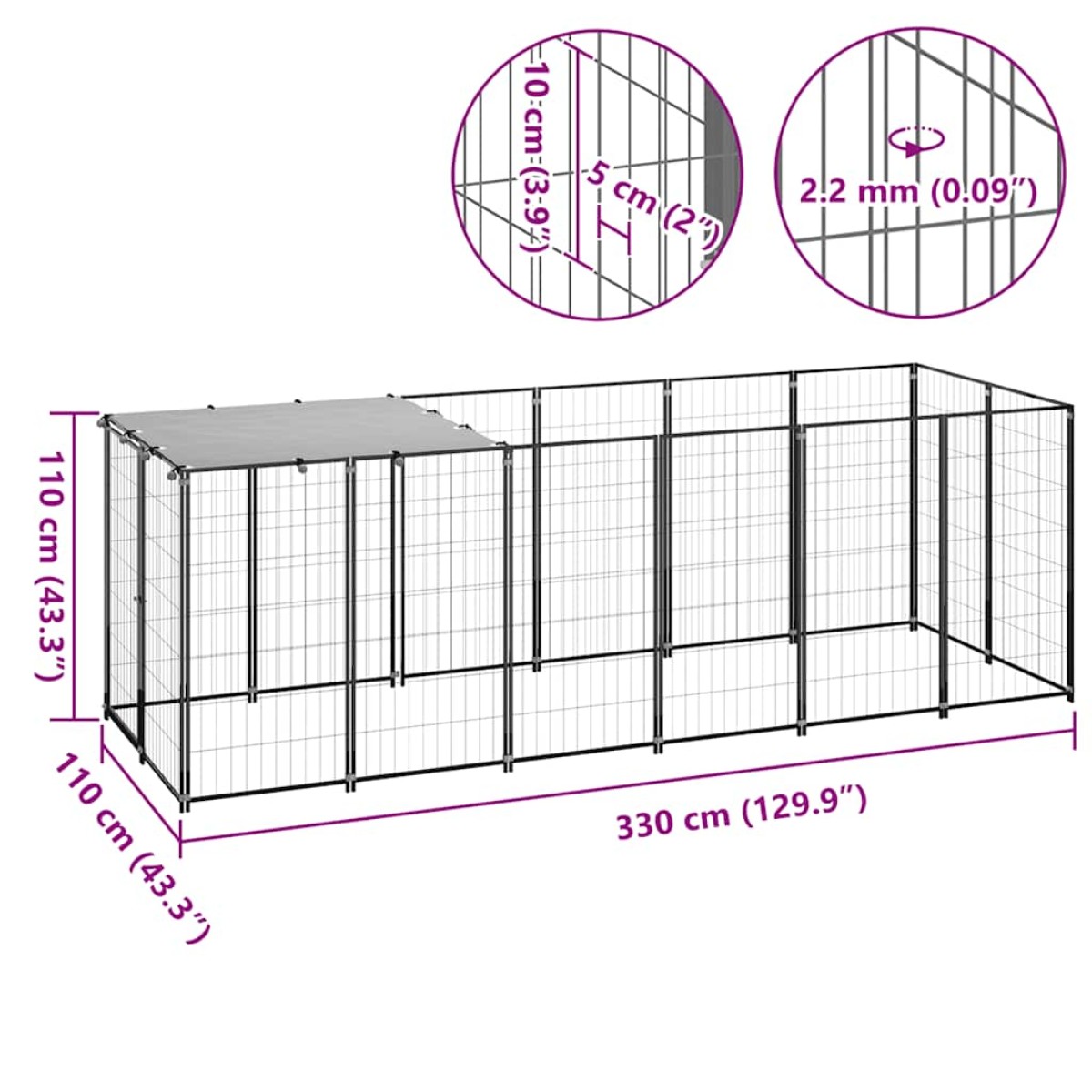vidaXL Σπιτάκι σκύλου Μαύρο 330 x 110 x 110 από Ατσάλι