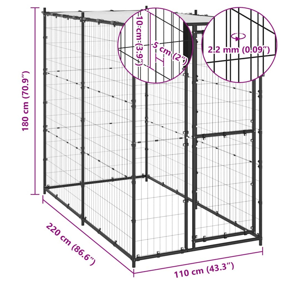 vidaXL Κλουβί Σκύλου Εξ. Χώρου Ατσάλι 110 x 220 x 180 εκ. με Στέγαστρο