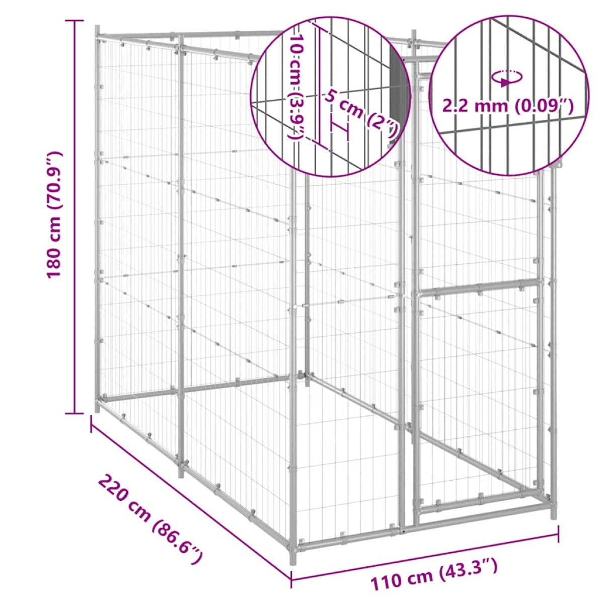 vidaXL Κλουβί Σκύλου Εξ. Χώρου Γαλβαν. Χάλυβας 110 x 220 x 180 εκ.