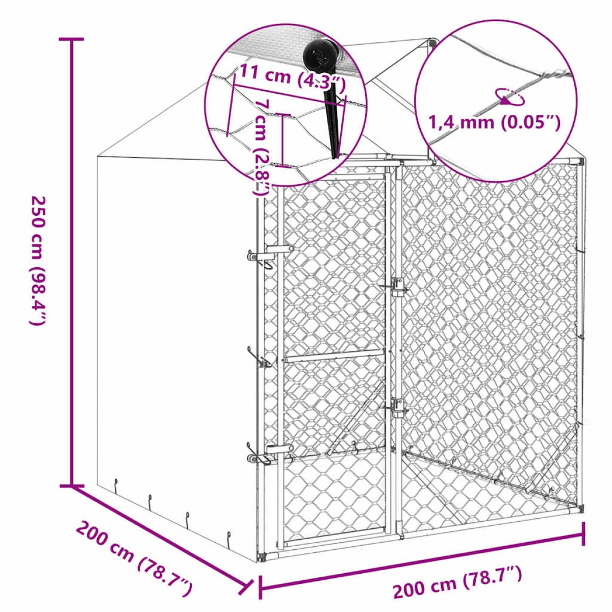 vidaXL Κλουβί Σκύλου Εξ. Χώρου με Οροφή Ασημί 2x2x2,5 μ. Γαλβ. Ατσάλι