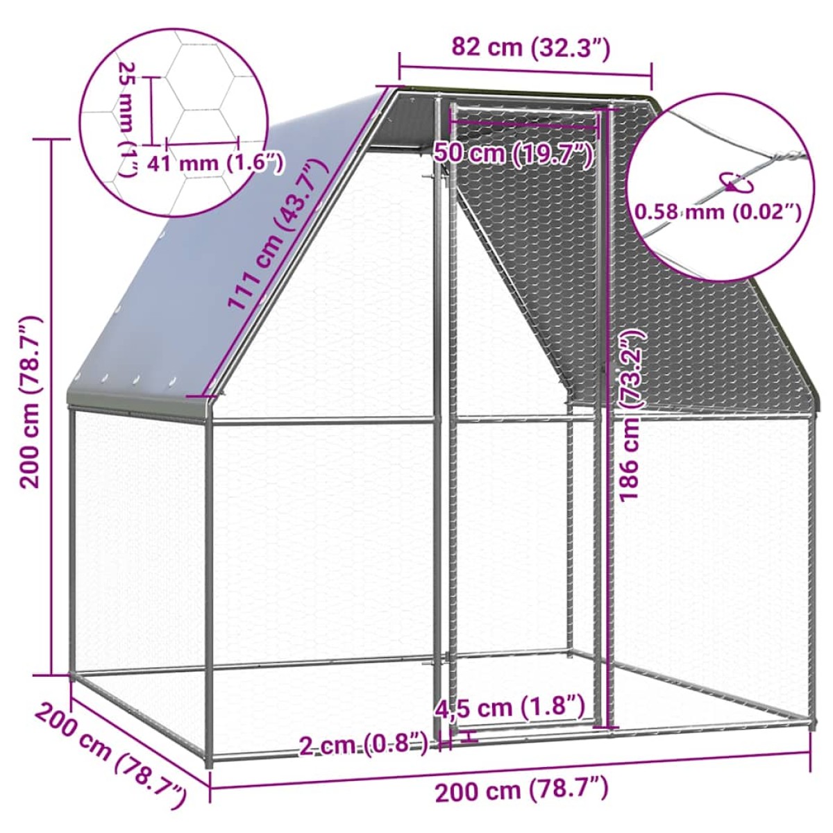 vidaXL Κοτέτσι - Κλουβί Ασημί / Γκρι 2x2x2 μ. από Γαλβανισμένο Χάλυβα