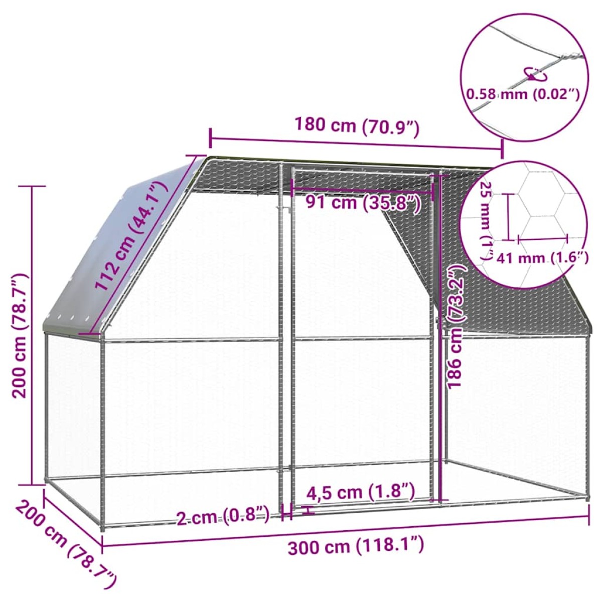 vidaXL Κοτέτσι - Κλουβί Ασημί / Γκρι 3x2x2 μ. από Γαλβανισμένο Χάλυβα