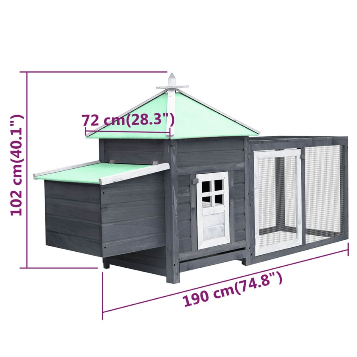 vidaXL Κοτέτσι με Κουτί Ωοτοκίας Γκρι 190x72x102 εκ. Μασίφ Ξύλο Ελάτης