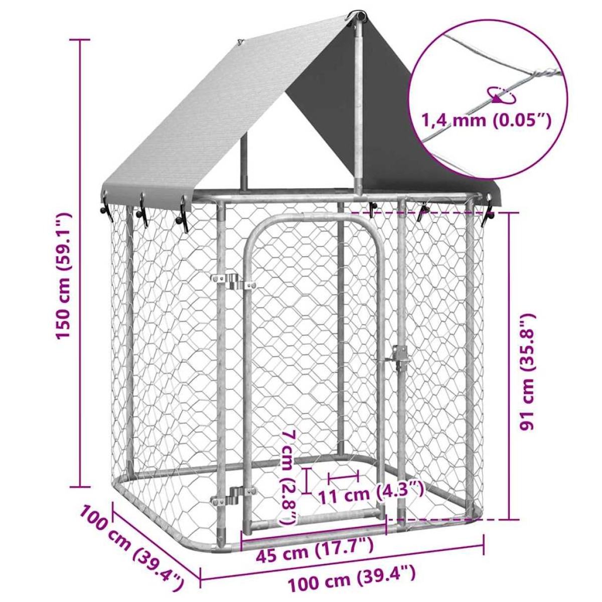vidaXL Κλουβί Σκύλου Εξωτερικού Χώρου 100 x 100 x 150 εκ. με Στέγαστρο