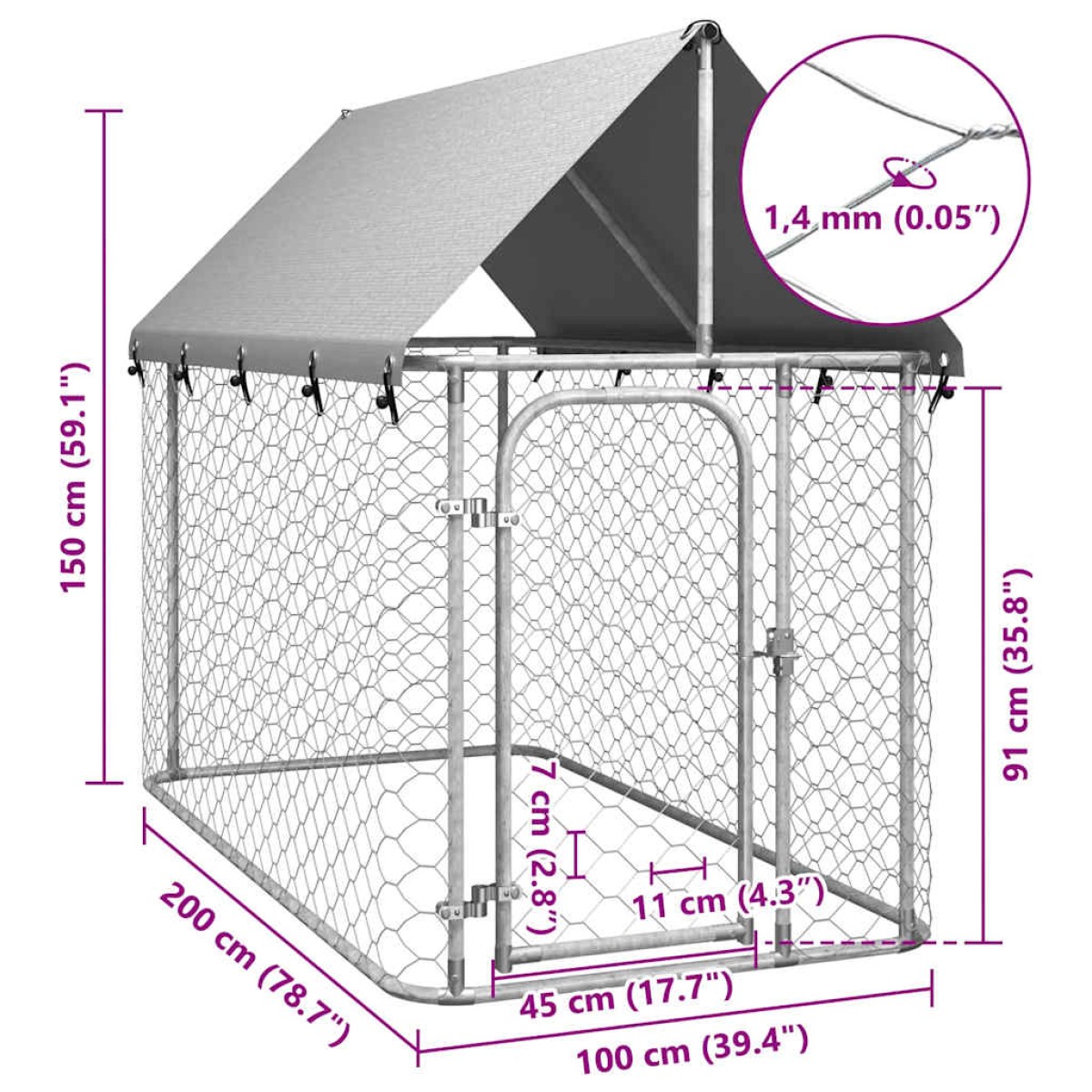 vidaXL Κλουβί Σκύλου Εξωτερικού Χώρου 200 x 100 x 150 εκ. με Στέγαστρο