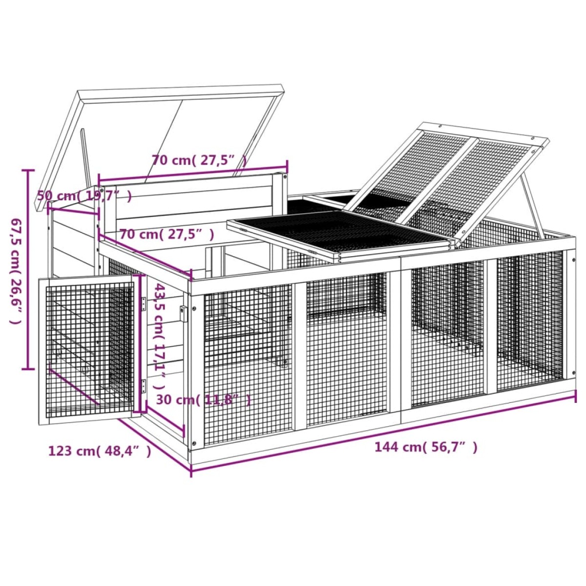vidaXL Κλουβί Κουνελιών Μόκα 144 x 123 x 67,5 εκ. Μασίφ Ξύλο Πεύκου