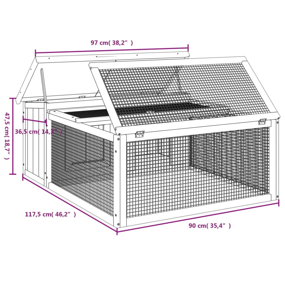 vidaXL Κλουβί Κουνελιών Γκρι 117,5 x 97 x 47,5 εκ. Μασίφ Ξύλο Πεύκου