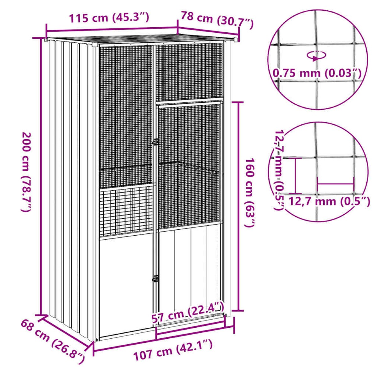 vidaXL Κλουβί Πουλιών Γκρι 115x78x200 εκ. από Γαλβανισμένο Χάλυβα
