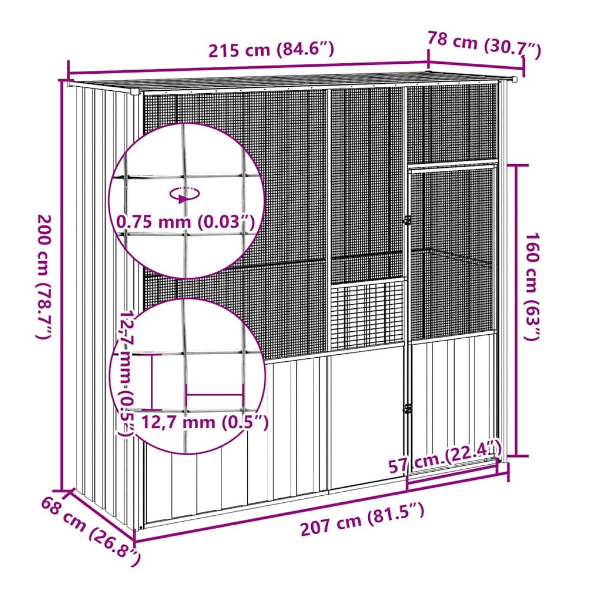 vidaXL Κλουβί Πουλιών Γκρι 215 x 78 x 200 εκ. από Γαλβανισμένο Χάλυβα